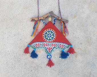 triangular wall hanging, beaded, tassels, evil eye beads