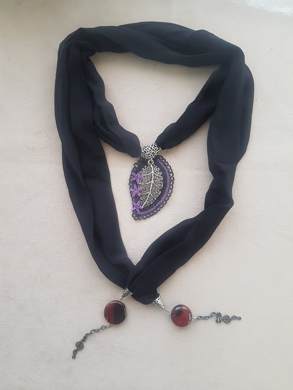 Black Lariat Oya Necklace Needle Lace Leaf Etsy