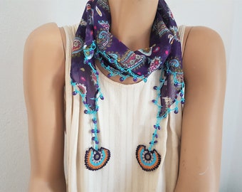 purple beaded scarf, cotton hairband, paisly scarf