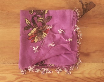 traditional turkish headscarf, violet block printed vintage cotton oya scarf, needle lace flower trim