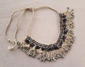 Crochet bib necklace, beige and black oya necklace