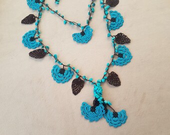 turquoise and brown double strand crochet necklace