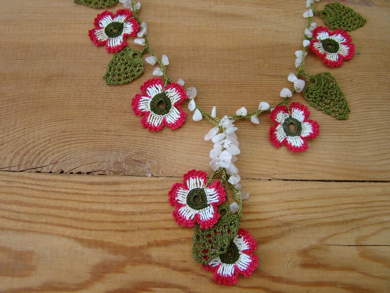 Pink white flower necklace crochet oya Etsy