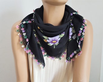 black cotton scarf with beaded oya, turkish headscarf