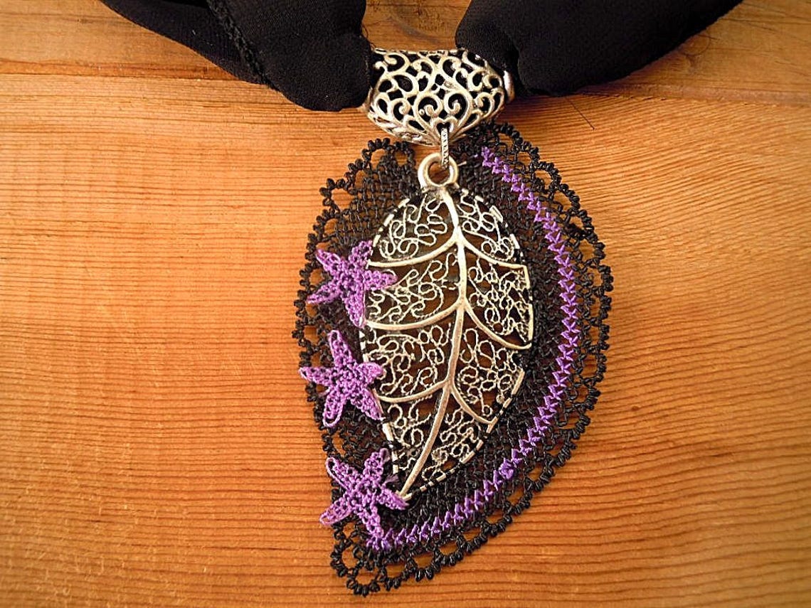Black lariat oya necklace needle lace leaf Etsy