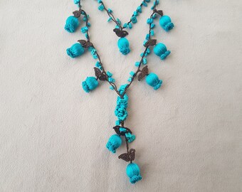 crochet necklace, teal tulip flower turkish oya brown