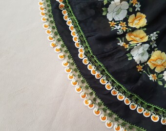 black cotton scarf with yellow beaded oya, square turkish headscarf