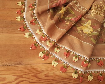 beige floral scarf, vintage turkish headscarf with crochet trim,