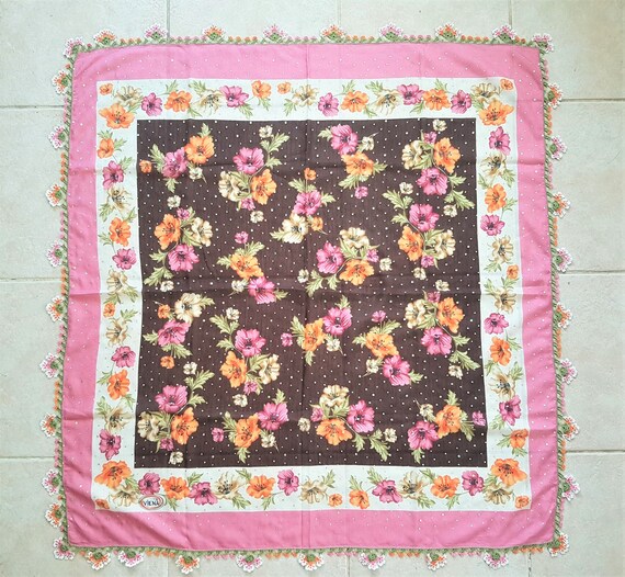 pink and brown floral scarf with crochet flower t… - image 6
