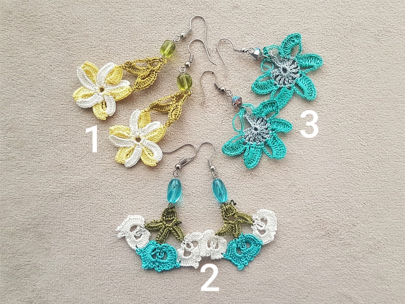 crochet dangles, handmade turkish oya earrings image 1