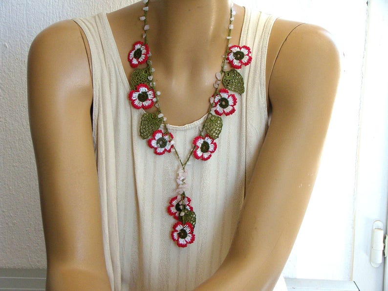 Pink white flower necklace crochet oya Etsy