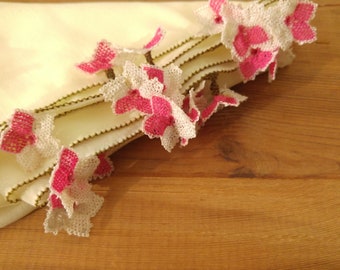 yellow crepe scarf with pink needle lace oya flowers