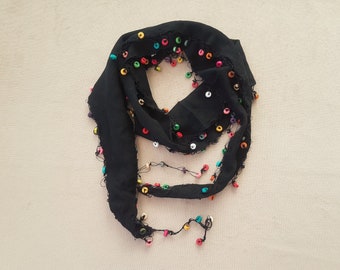 black cotton hairband, scarf with multicolored beads