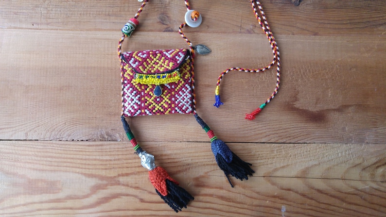 mini pouch necklace with tassels boho necklace tassel necklace