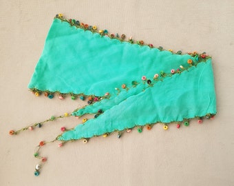 aqua cotton hairband, scarf with multicolored beads