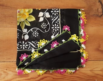 cotton turkish scarf with crochet trim, turkish oya scarf, black pink yellow floral scarf
