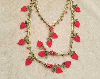 red strawberry necklace, crochet lariat necklace