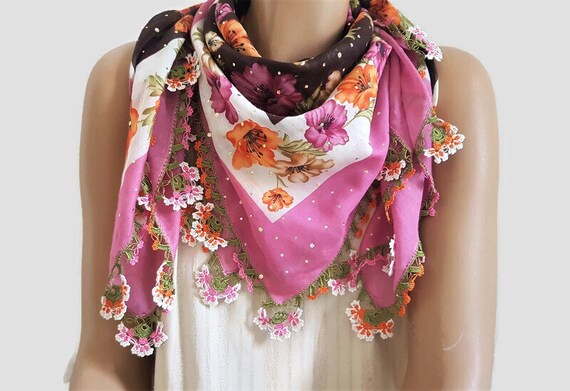 pink and brown floral scarf with crochet flower t… - image 7