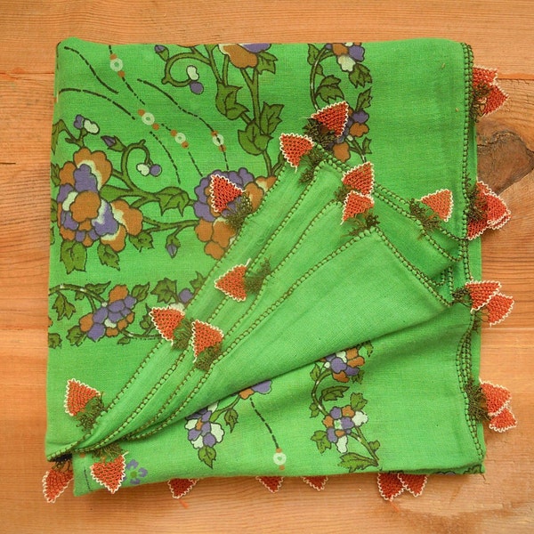 green turkish scarf with needle lace edging, vintage, square, cotton