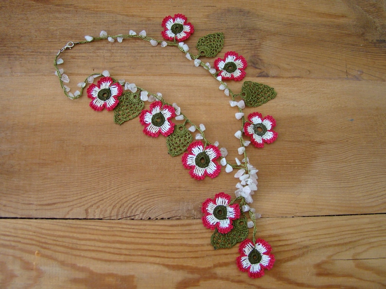 Pink white flower necklace crochet oya Etsy