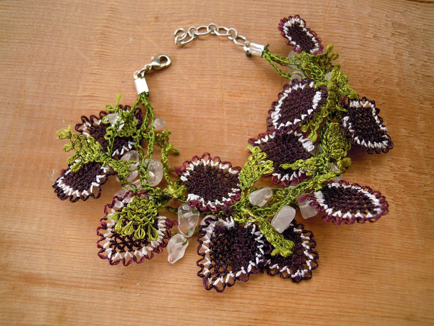 Bracelet, Needle Lace and Beads, Green, Deep Burgundy, Oya Bracelet Etsy