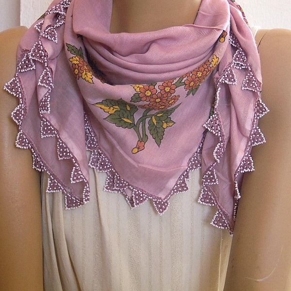 cotton turkish scarf, salmon pink, crochet beaded trim, oya scarf