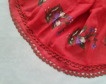 red cotton scarf with beaded edging, vintage turkish oya scarf, headscarf