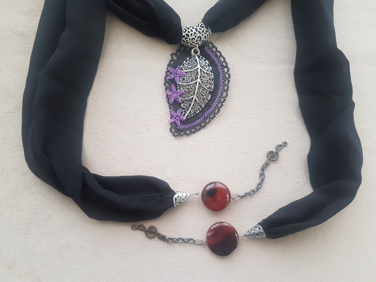 Black Lariat Oya Necklace Needle Lace Leaf Etsy