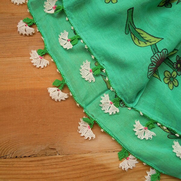 green turkish scarf with white flower edging, needle lace, square, cotton, vintage