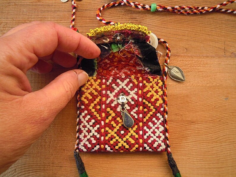 mini pouch necklace with tassels boho necklace tassel necklace