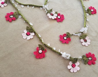 pink crochet flower necklace, boho lariat necklace