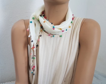 Off white cotton scarf with multicolored wooden beads, hairband