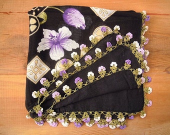 Black cotton scarf with crochet flower edging