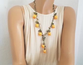 Yellow tulip necklace, crochet