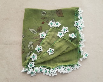 green cotton scarf with beaded flower trim, vintage turkish headscarf