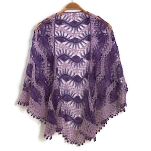 crochet shawl, purple lilac hairpin lace triangular image 1