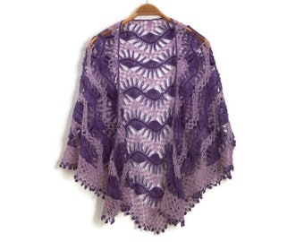 crochet shawl, purple lilac hairpin lace triangular