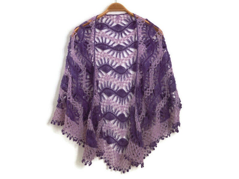 crochet shawl, purple lilac hairpin lace triangular image 1
