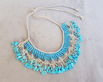 Crochet bib necklace, oya necklace, turquoise beige