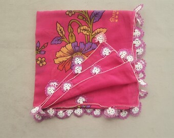 pink vintage headscarf, turkish oya scarf, cotton, needle lace