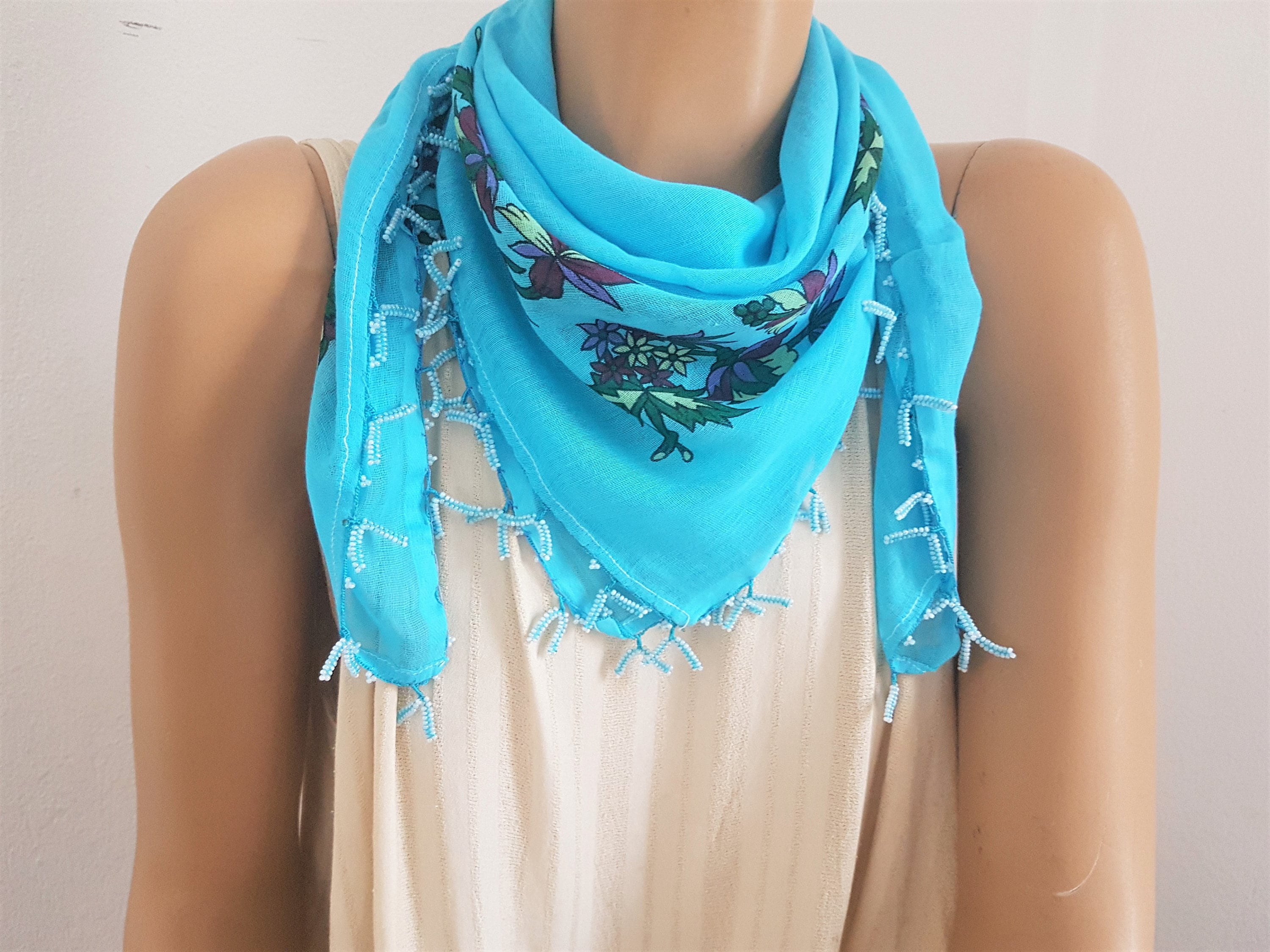 Turquoise cotton scarf with beaded trim vintage turkish Etsy