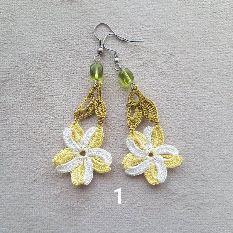 crochet dangles, handmade turkish oya earrings 1. yellow white