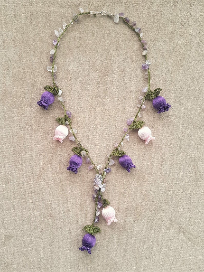 purple and pink crochet flower necklace image 3