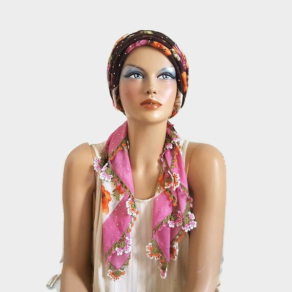 pink and brown floral scarf with crochet flower t… - image 8