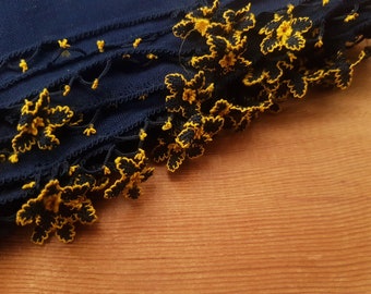 navy turkish oya scarf, needle lace flower trim, cotton