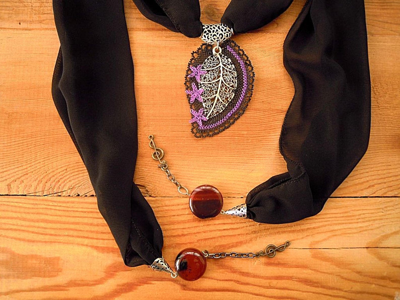 Black Lariat Oya Necklace Needle Lace Leaf Etsy