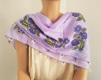 vintage turkish scarf, needle lace trim, lilac cotton headscarf