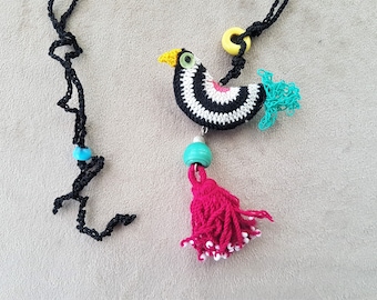 black and white  crochet bird necklace, tassel