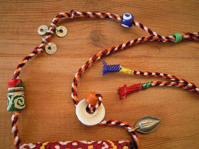 mini pouch necklace with tassels boho necklace tassel necklace