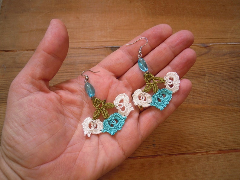 crochet dangles, handmade turkish oya earrings image 6